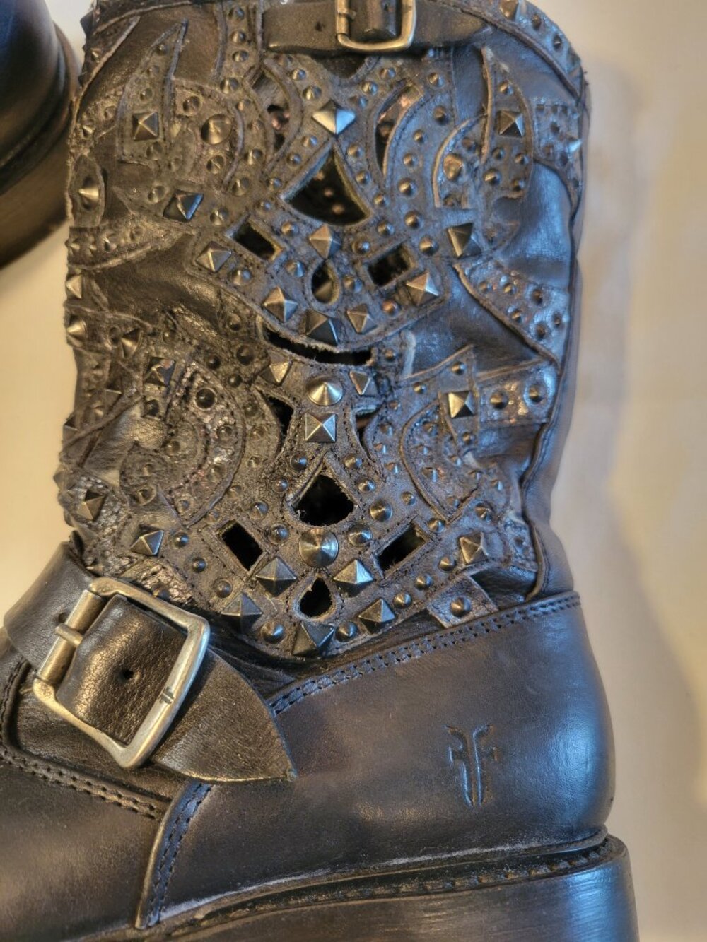 Frye Veronica Deco Black Leather Moto Engineer Boots Studded Women's 7B - Picture 3 of 12